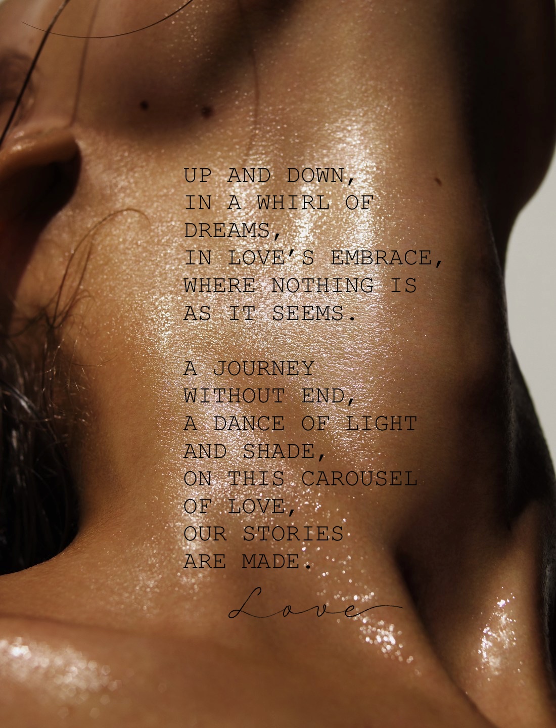 Typewriter poem over glistening skin