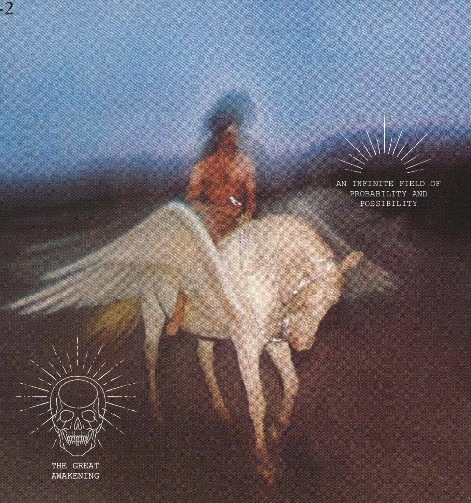 Dreamlike vintage print of a rider on a winged horse with esoteric line graphics